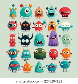 Caricatura infantil adorable lindo y graciosos monstruos monstruosos cuento de hadas personaje de mascota alienígena de Halloween, bozal con ojos faciales y guiñones, colores pastel brillantes, colección, ilustración infantil, papel tapiz