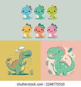 Caricatura infantil adorable lindo divertido y mágico dragón dinosaurio dino fantasía de cola de cuerno, bozal con ojos de cara y de viento, colores pastel brillantes, Vector, colección set, ilustración infantil, papel pintado