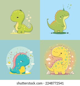 Caricatura infantil adorable lindo divertido y mágico dragón dinosaurio dino fantasía de cola de cuerno, bozal con ojos de cara y de viento, colores pastel brillantes, Vector, colección set, ilustración infantil, papel pintado