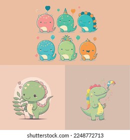 Caricatura infantil adorable lindo divertido y mágico dragón dinosaurio dino fantasía de cola de cuerno, bozal con ojos de cara y de viento, colores pastel brillantes, Vector, colección set, ilustración infantil, papel pintado