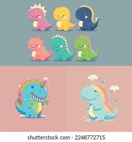 Caricatura infantil adorable lindo divertido y mágico dragón dinosaurio dino fantasía de cola de cuerno, bozal con ojos de cara y de viento, colores pastel brillantes, Vector, colección set, ilustración infantil, papel pintado