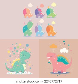 Caricatura infantil adorable lindo divertido y mágico dragón dinosaurio dino fantasía de cola de cuerno, bozal con ojos de cara y de viento, colores pastel brillantes, Vector, colección set, ilustración infantil, papel pintado