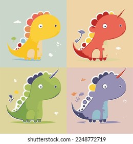 Caricatura infantil adorable lindo divertido y mágico dragón dinosaurio dino fantasía de cola de cuerno, bozal con ojos de cara y de viento, colores pastel brillantes, Vector, colección set, ilustración infantil, papel pintado