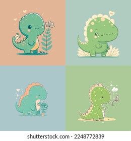 Caricatura infantil adorable lindo divertido y mágico dragón dinosaurio dino fantasía de cola de cuerno, bozal con ojos de cara y de viento, colores pastel brillantes, Vector, colección set, ilustración infantil, papel pintado