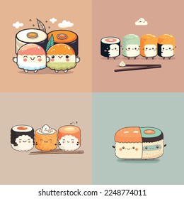 Caricatura infantil adorable lindo y divertido sushi salmón sashimi japonés arroz algas marinas comida japonesa, bozal con caras y ojos guiñados, colores pastel brillantes, colección, ilustración infantil, papel pintado