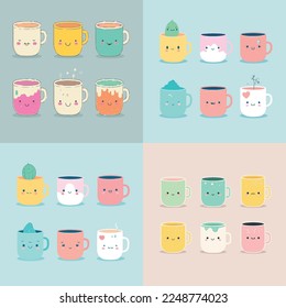 Caricatura infantil adorable lindo divertido vaso de agua para beber café té, bozal con caras y ojos guiñados, colores pastel brillantes, colección, ilustración infantil, papel pintado