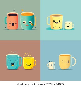 Caricatura infantil adorable lindo divertido vaso de agua para beber café té, bozal con caras y ojos guiñados, colores pastel brillantes, colección, ilustración infantil, papel pintado