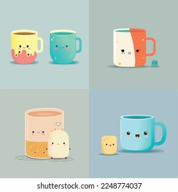 Caricatura infantil adorable lindo divertido vaso de agua para beber café té, bozal con caras y ojos guiñados, colores pastel brillantes, colección, ilustración infantil, papel pintado