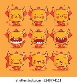 Caricatura infantil adorable lindo divertido diablo diabólico malvado malvado luficador cuerno de halloween mosca mágica, bozal con caras y ojos guiñadores, colores pastel brillantes, colección set, ilustración infantil, papel tapiz