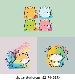 Caricatura infantil adorable lindo gatito gracioso gatos whiskys paw gatito felino mágico, bozal con la cara y los ojos guiñados, colores pastel brillantes, Vector, colección set, ilustración infantil, papel pintado