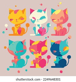 Adorable Katzenkartoon süße, lustige Katzenkätzchen Whiskers paaren feline Kätzchen magisch, Maulkorb mit Gesicht und weinenden Augen, pastellfarbene helle Farben, Vektorgrafik, Sammlung, Kindergrafik, Tapete