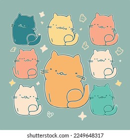 Adorable Katzenkartoon süße, lustige Katzenkätzchen Whiskers paaren feline Kätzchen magisch, Maulkorb mit Gesicht und weinenden Augen, pastellfarbene helle Farben, Vektorgrafik, Sammlung, Kindergrafik, Tapete