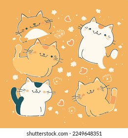 Adorable Katzenkartoon süße, lustige Katzenkätzchen Whiskers paaren feline Kätzchen magisch, Maulkorb mit Gesicht und weinenden Augen, pastellfarbene helle Farben, Vektorgrafik, Sammlung, Kindergrafik, Tapete