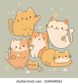 Adorable Katzenkartoon süße, lustige Katzenkätzchen Whiskers paaren feline Kätzchen magisch, Maulkorb mit Gesicht und weinenden Augen, pastellfarbene helle Farben, Vektorgrafik, Sammlung, Kindergrafik, Tapete