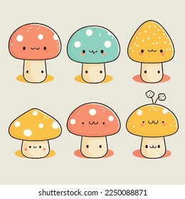 Adorable kiddy cartoon cute funny assorted mushroom mushrooms toadstool mascot  muzzle and face   winking eyes  pastel bright colors  Vector  collection set  children illustration  wallpaper	