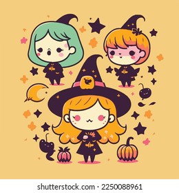 Caricatura infantil adorable lindo divertido brujas brujas brujas broomstick puntitos sombreros halloween mosca, bozal con cara y ojos guiñadores, colores pastel brillantes, Vector, colección set, ilustración infantil, papel pintado