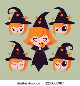 Caricatura infantil adorable lindo divertido brujas brujas brujas broomstick puntitos sombreros halloween mosca, bozal con cara y ojos guiñadores, colores pastel brillantes, Vector, colección set, ilustración infantil, papel pintado