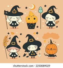 Caricatura infantil adorable lindo divertido brujas brujas brujas broomstick puntitos sombreros halloween mosca, bozal con cara y ojos guiñadores, colores pastel brillantes, Vector, colección set, ilustración infantil, papel pintado