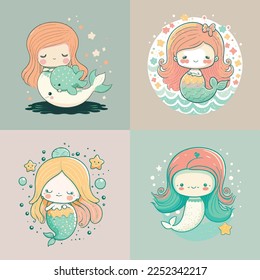 Caricatura infantil adorable adorable adorable peces graciosos de sirena bajo la princesa del mar, bozal con la cara y los ojos guiñados, colores pastel brillantes, Vector, colección set, ilustración infantil, papel pintado