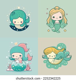 Caricatura infantil adorable adorable adorable peces graciosos de sirena bajo la princesa del mar, bozal con la cara y los ojos guiñados, colores pastel brillantes, Vector, colección set, ilustración infantil, papel pintado