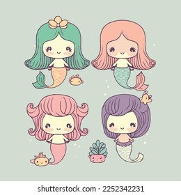 Caricatura infantil adorable adorable adorable peces graciosos de sirena bajo la princesa del mar, bozal con la cara y los ojos guiñados, colores pastel brillantes, Vector, colección set, ilustración infantil, papel pintado