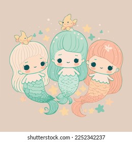 Caricatura infantil adorable adorable adorable peces graciosos de sirena bajo la princesa del mar, bozal con la cara y los ojos guiñados, colores pastel brillantes, Vector, colección set, ilustración infantil, papel pintado