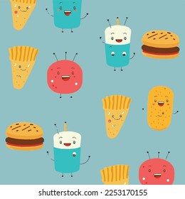 Caricatura infantil adorable tierno hamburguesas hamburguesas hamburguesas fritas galleta de coca soda, bozal con caras y ojos guiñados, colores pastel brillantes, Vector, colección, ilustración infantil, papel pintado