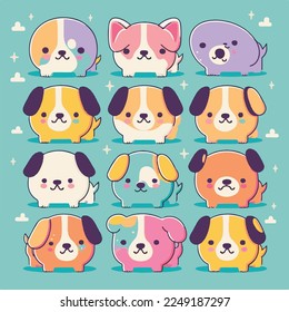 Caricatura infantil adorable kawaii lindo perro perro perro de garra perrito perrito perrito perrito perrito pimiento, bozal con la cara y los ojos guiñadores, colores pastel brillantes, Vector, colección set, ilustración infantil, papel pintado