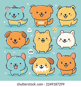 Caricatura infantil adorable kawaii lindo perro perro perro de garra perrito perrito perrito perrito perrito pimiento, bozal con la cara y los ojos guiñadores, colores pastel brillantes, Vector, colección set, ilustración infantil, papel pintado