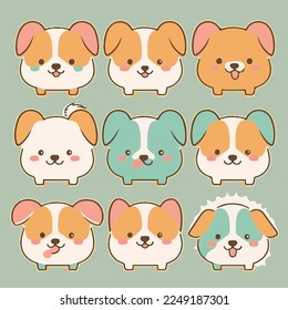 Caricatura infantil adorable kawaii lindo perro perro perro de garra perrito perrito perrito perrito perrito pimiento, bozal con la cara y los ojos guiñadores, colores pastel brillantes, Vector, colección set, ilustración infantil, papel pintado