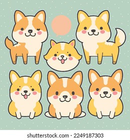 Caricatura infantil adorable kawaii lindo perro perro perro de garra perrito perrito perrito perrito perrito pimiento, bozal con la cara y los ojos guiñadores, colores pastel brillantes, Vector, colección set, ilustración infantil, papel pintado