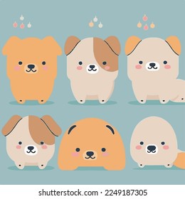 Caricatura infantil adorable kawaii lindo perro perro perro de garra perrito perrito perrito perrito perrito pimiento, bozal con la cara y los ojos guiñadores, colores pastel brillantes, Vector, colección set, ilustración infantil, papel pintado