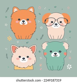 Caricatura infantil adorable kawaii lindo perro perro perro de garra perrito perrito perrito perrito perrito pimiento, bozal con la cara y los ojos guiñadores, colores pastel brillantes, Vector, colección set, ilustración infantil, papel pintado