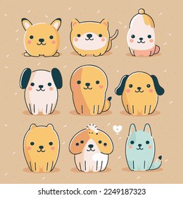 Caricatura infantil adorable kawaii lindo perro perro perro de garra perrito perrito perrito perrito perrito pimiento, bozal con la cara y los ojos guiñadores, colores pastel brillantes, Vector, colección set, ilustración infantil, papel pintado