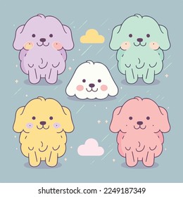 Caricatura infantil adorable kawaii lindo perro perro perro de garra perrito perrito perrito perrito perrito pimiento, bozal con la cara y los ojos guiñadores, colores pastel brillantes, Vector, colección set, ilustración infantil, papel pintado