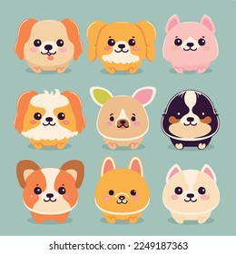 Caricatura infantil adorable kawaii lindo perro perro perro de garra perrito perrito perrito perrito perrito pimiento, bozal con la cara y los ojos guiñadores, colores pastel brillantes, Vector, colección set, ilustración infantil, papel pintado