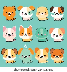 Caricatura infantil adorable kawaii lindo perro perro perro de garra perrito perrito perrito perrito perrito pimiento, bozal con la cara y los ojos guiñadores, colores pastel brillantes, Vector, colección set, ilustración infantil, papel pintado