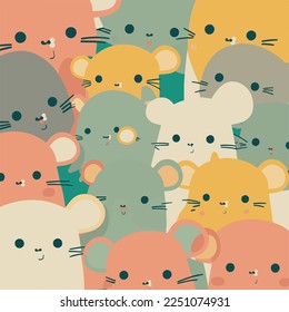 Adventable Karikatur kawaii süße Maus Mäuse Ratte Whiskers Schwanz, Maulkorb mit Gesicht und Winde Augen, pastellfarbene helle Farben, Vektorgrafik, Sammlung, Kindergrafik, Tapete