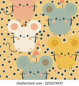 Adventable Karikatur kawaii süße Maus Mäuse Ratte Whiskers Schwanz, Maulkorb mit Gesicht und Winde Augen, pastellfarbene helle Farben, Vektorgrafik, Sammlung, Kindergrafik, Tapete