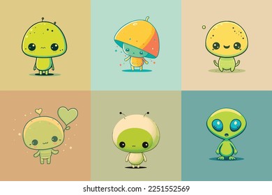 Caricatura infantil adorable kawaii lindo y gracioso personaje mascota alienígena monstruo, bozal con caras y ojos guiñados, colores brillantes pastel, vector, colección, ilustración infantil, papel tapiz