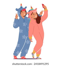 Kigurumi Pajamas, Un Encantador Personaje Infantil, Se Hizo Selfie En Smartphone, Transformando La Hora De La Cama En Una Aventura Mágica Llena De Sensación E Imaginación. Ilustración del vector de dibujos animados