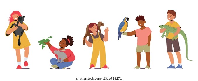 Adorable Kids Characters Forming Heartwarming Bond With Their Furry Companions Cat, Rabbit, Ferret, Parrot and Lizard, Teaching Responsibility And Empathy With Pets. Cartoon People Vector Illustration