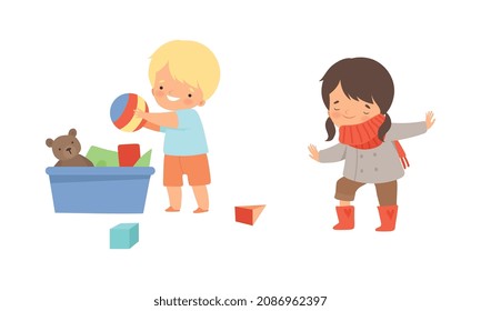 Adorable Kids Collecting Toys in Box and Putting on Boots Vector Set