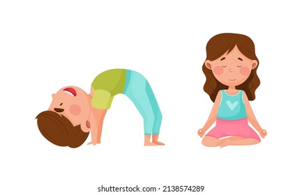 Adorable kids doing yoga set. Cute girls doing sports cartoon vector illustration