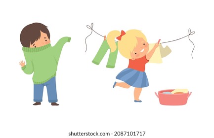 Adorable Kids Hanging Clothes on Rope and Changing Clothes Putting On Sweater Vector Set