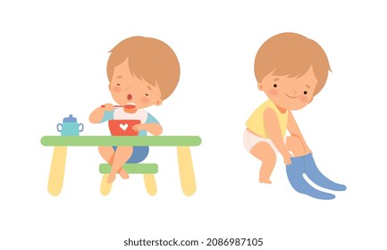 Adorable Kids Having Breakfast and Putting On Pants Vector Set