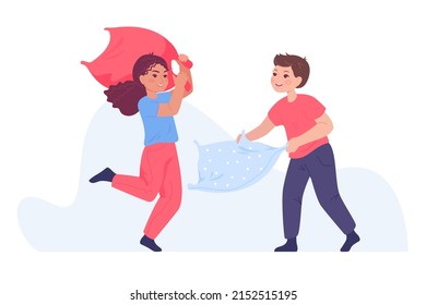 Adorable kids having fun together while fighting using pillows. Boy and girl characters having pillow fight in pajamas flat vector illustration. Childhood, leisure, free time concept for banner