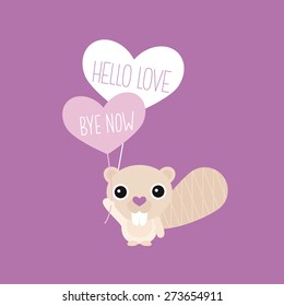 Adorable kids little beaver animal illustration with hello and good bye balloon violet background postcard cover template in vector