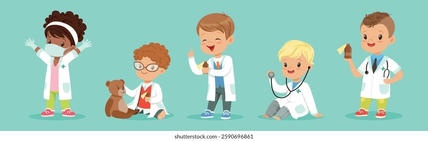 Adorable Kids Playing Doctor in Hospital Costume Vector Set