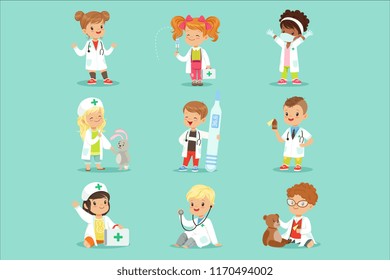 Adorable kids playing doctor set. Smiling little boys and girls dressed as doctors playing with toy medical equipment vector illustrations